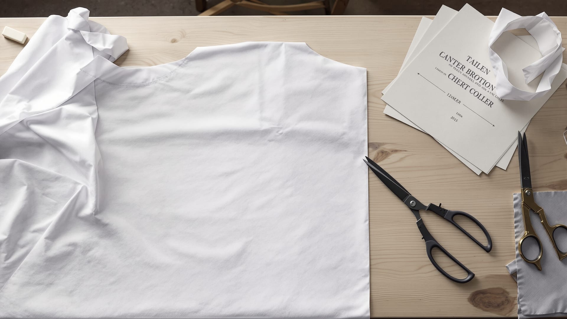 A shirtmaker's cutting table with cloth, chalk, shears and a collar pattern