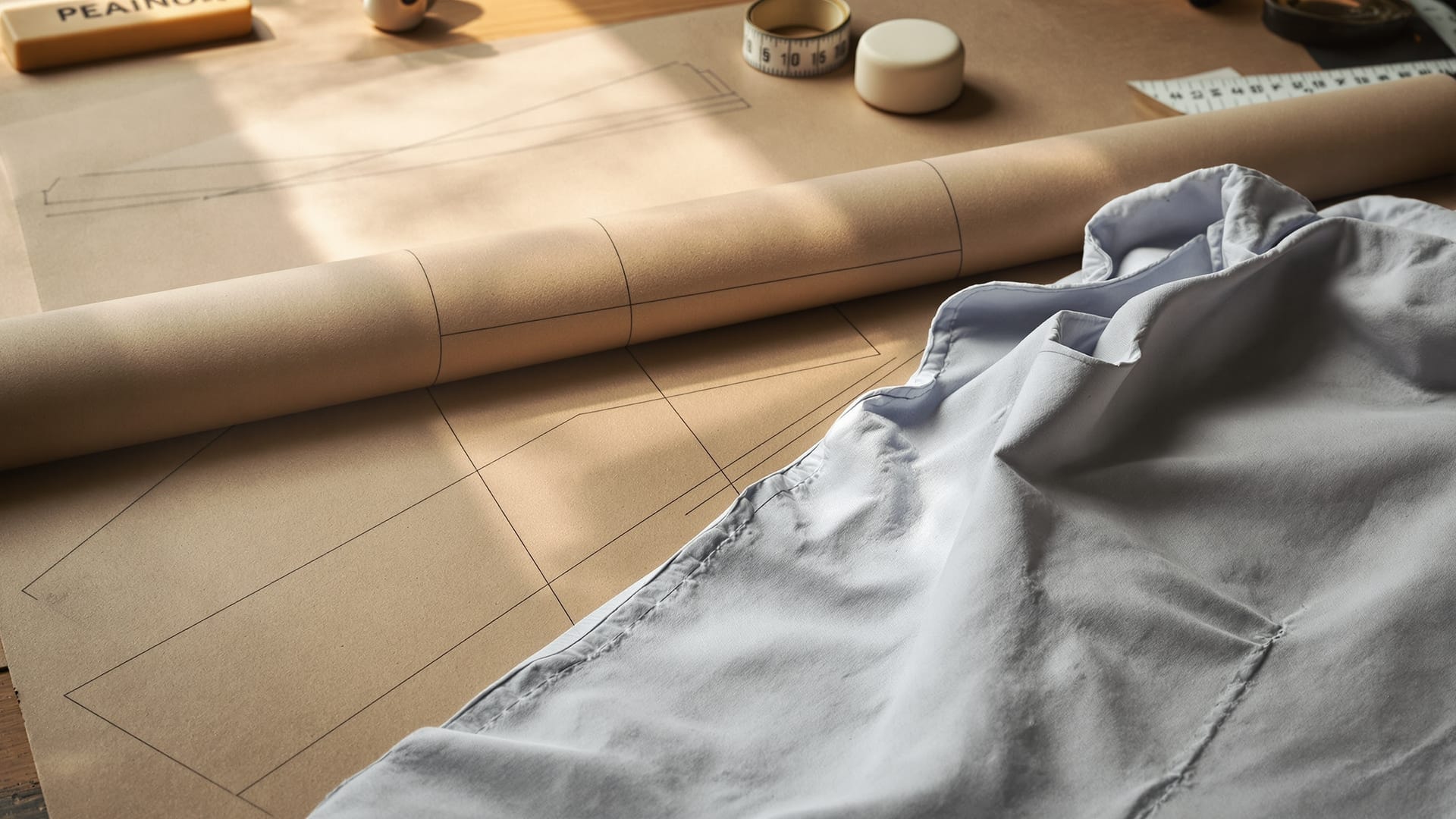 A brown paper shirt pattern with cloth, chalk and a tape measure on a shirtmaker's bench