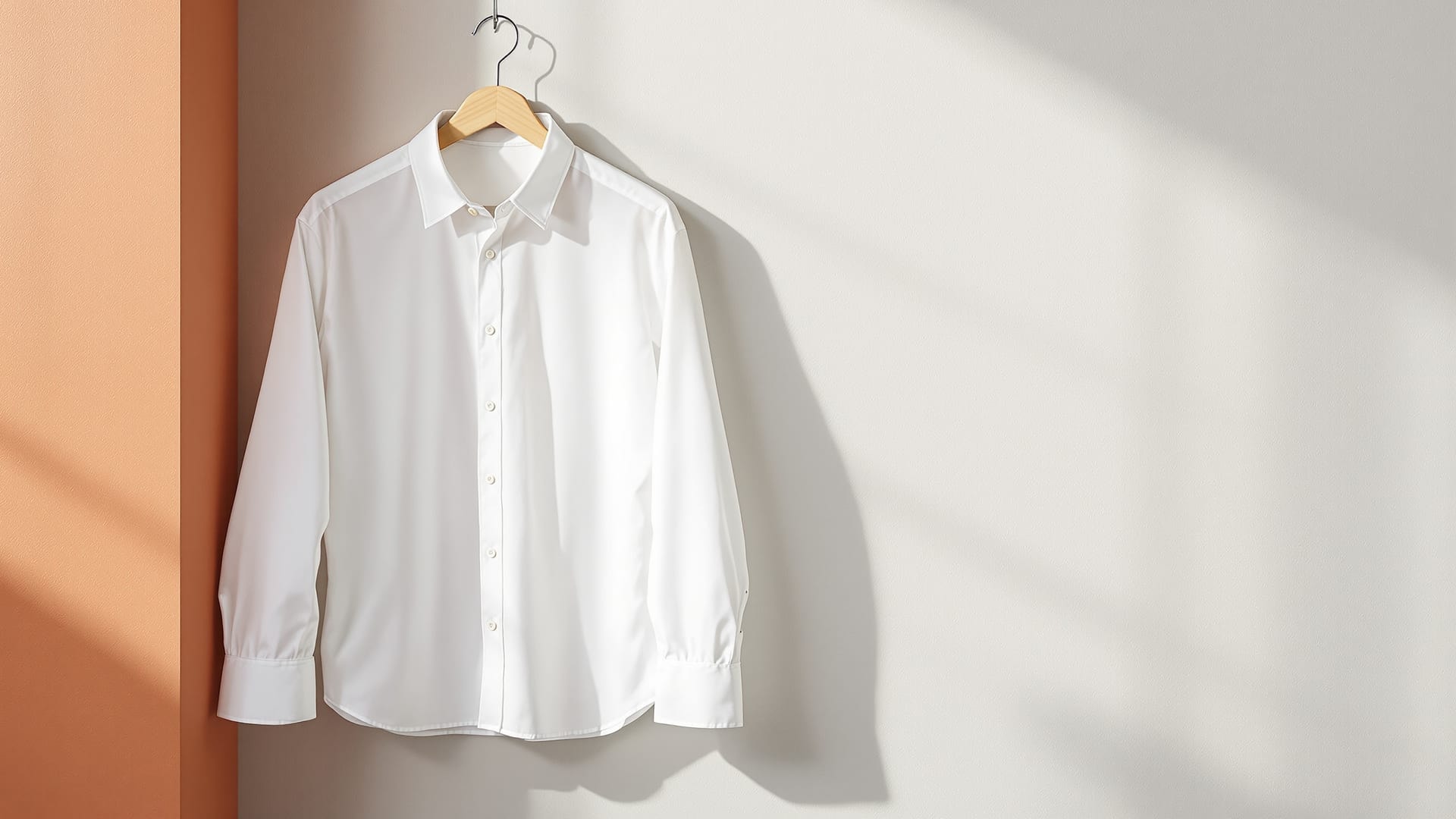 A pressed white cotton dress shirt hanging buttoned on a wooden hanger