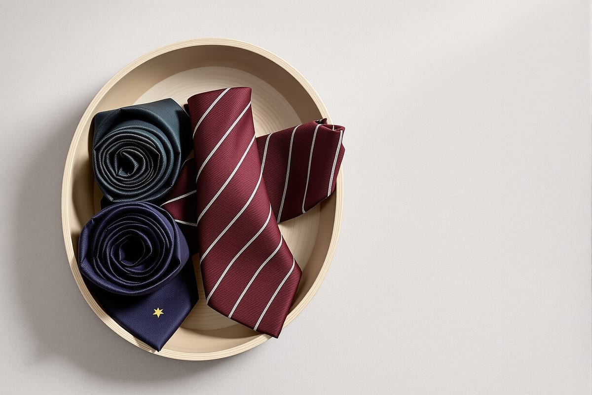 Three woven silk ties rolled and stored in a shallow wooden tray