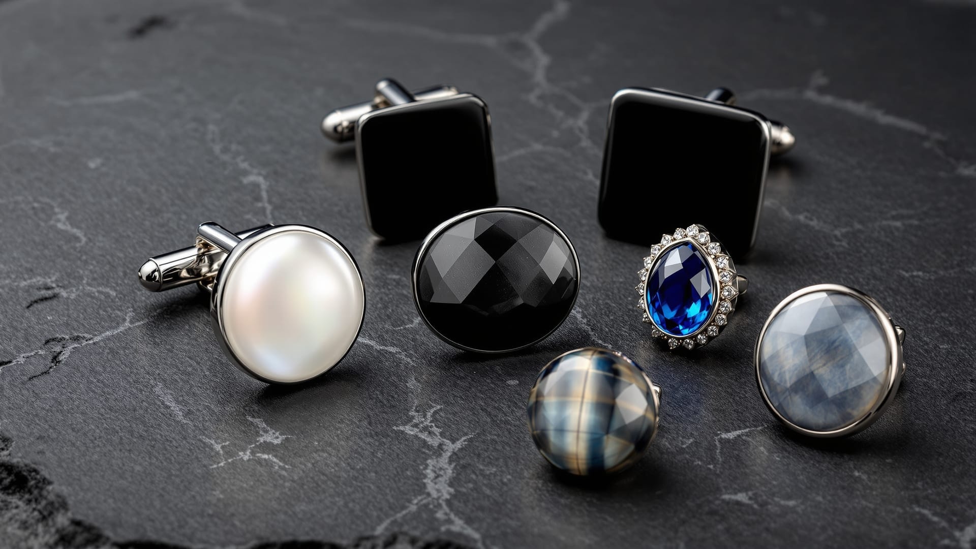 Six pairs of cufflinks in mother-of-pearl, onyx, haematite, crystal and patterned faces