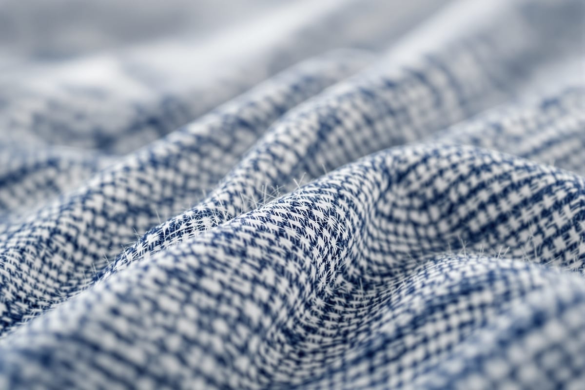 Macro detail of two-fold cotton shirting showing the warp and weft of an end-on-end weave