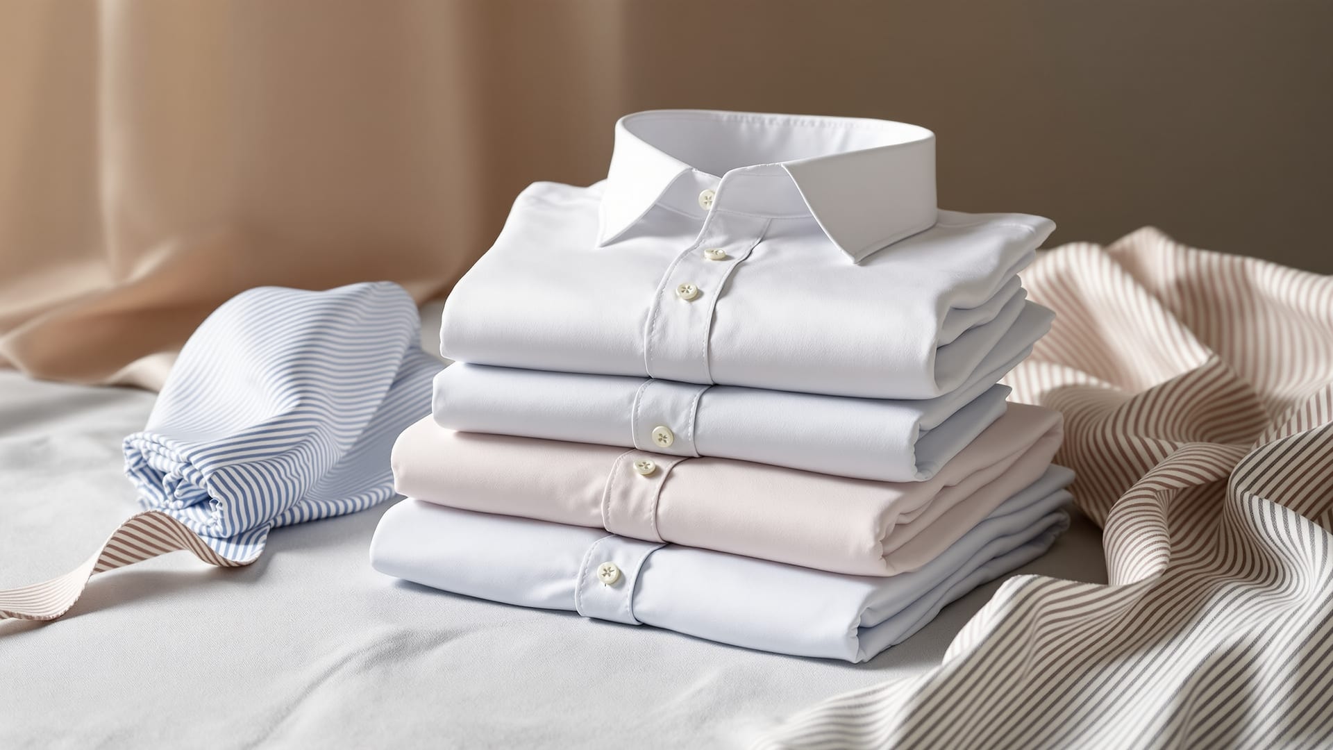 Folded fine cotton dress shirts stacked beside a bolt of striped shirting cloth