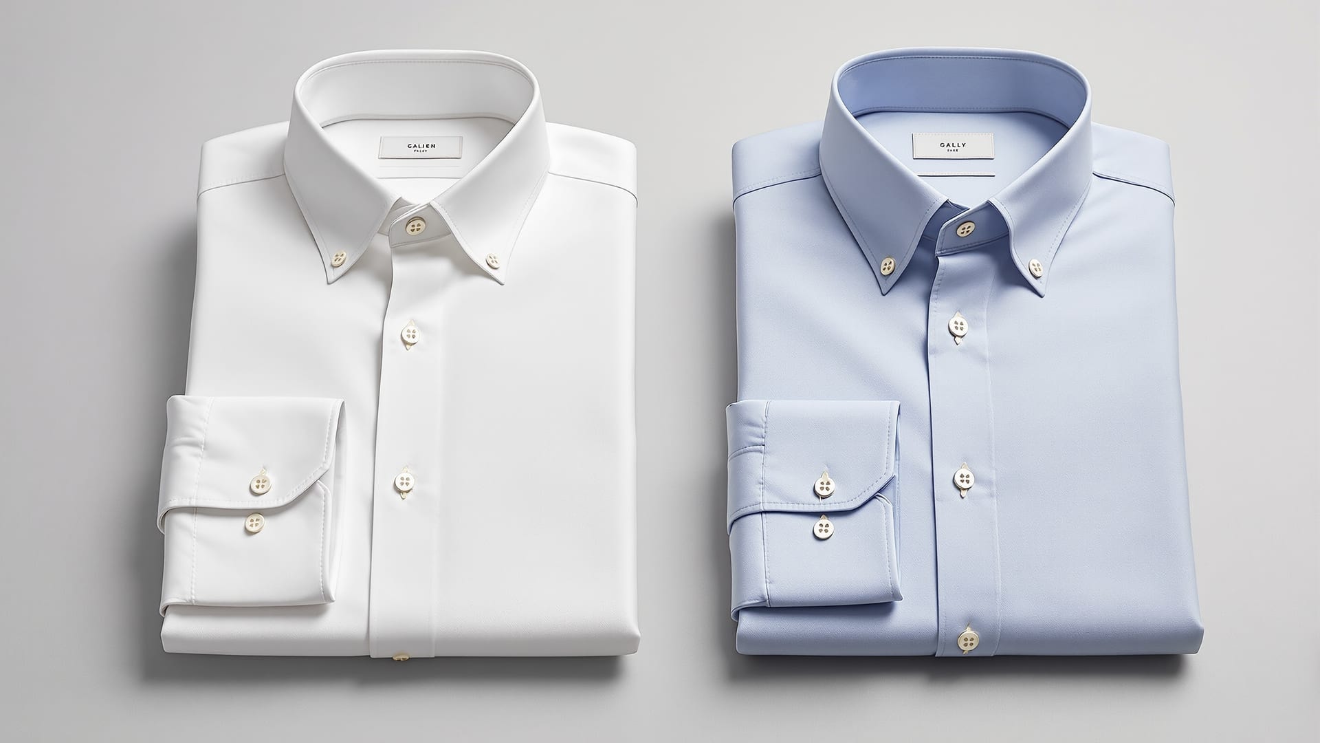 Two folded cotton dress shirts, one with a classic soft collar and double cuff, one with a higher standing collar