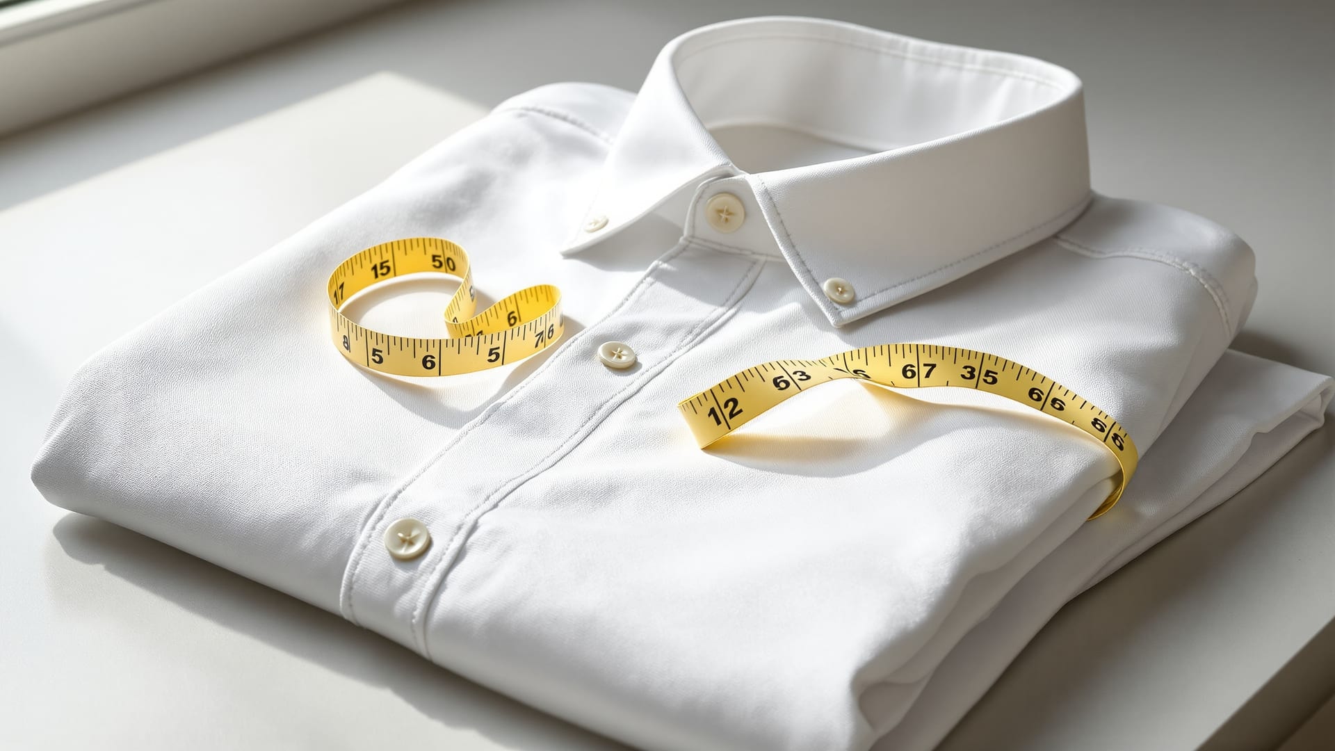 A tailor's tape measure resting on the collar of a folded white cotton shirt