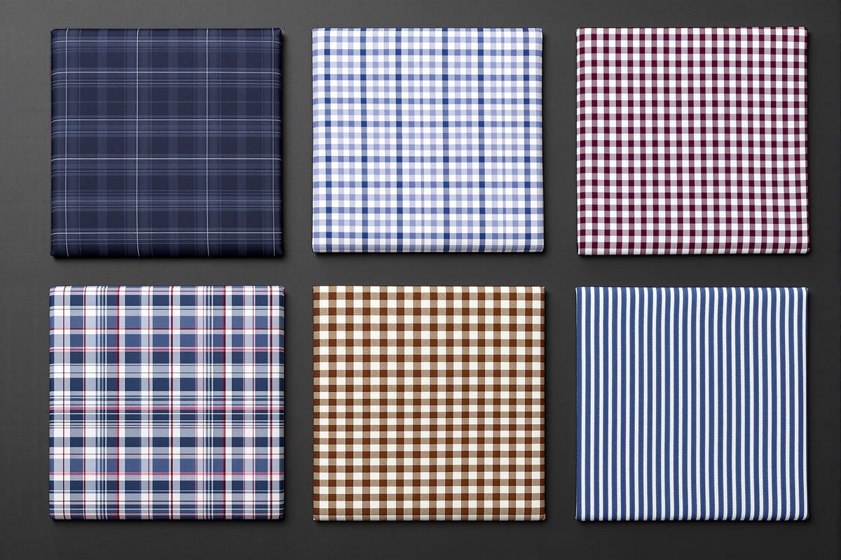 A grid of checked and striped cotton shirting swatches