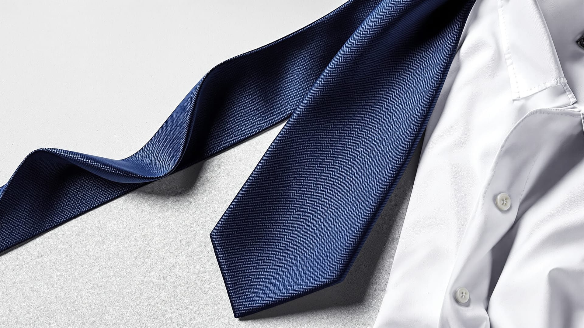 A navy woven silk tie draped beside the collar of a white cotton shirt