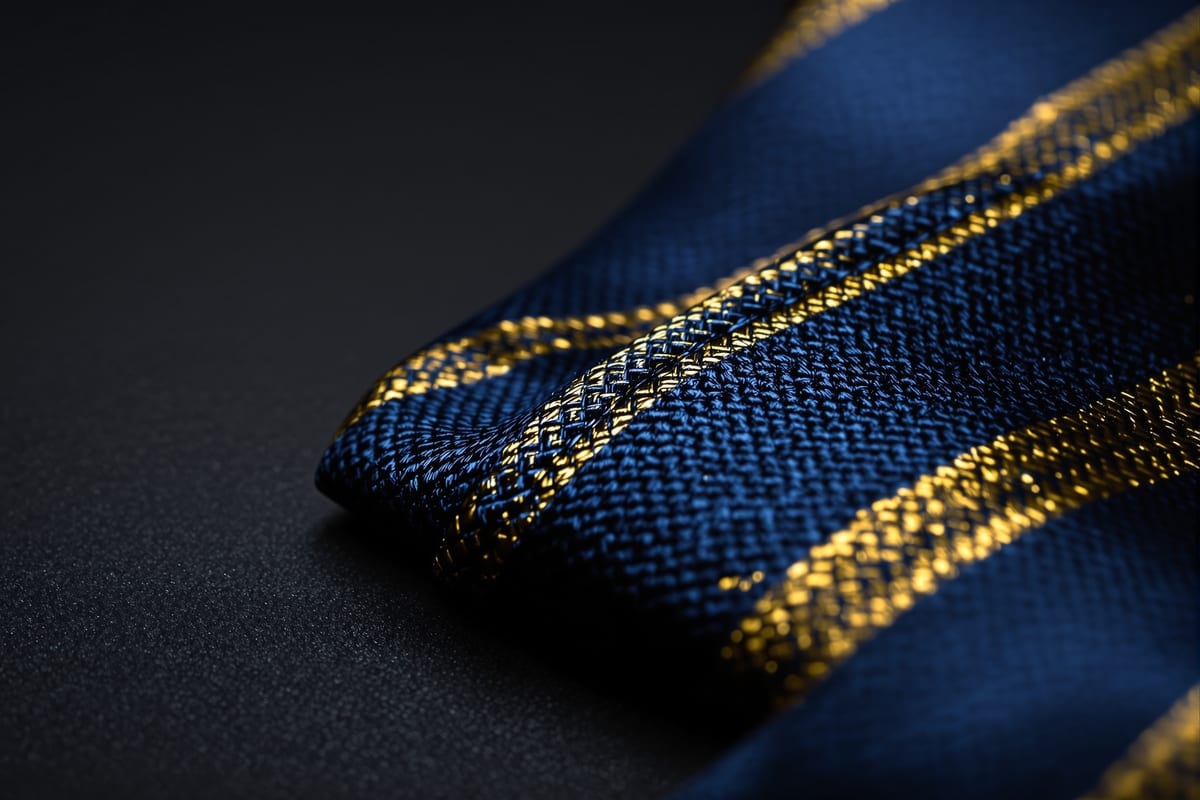 Macro detail of a woven silk tie showing the diagonal bias of the weave