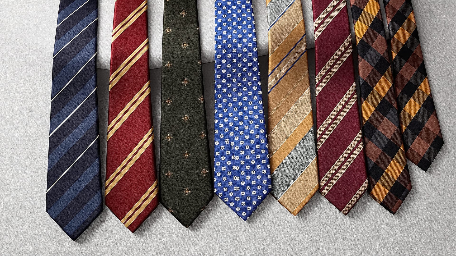 Eight woven silk ties in stripes, paisleys, checks and small motifs fanned out in a row