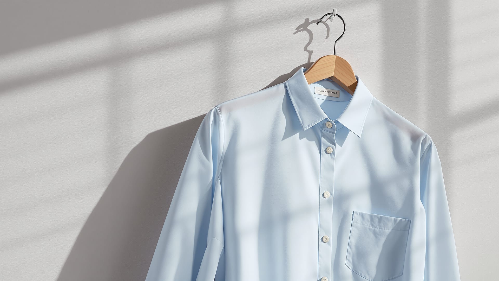 A pale blue cotton women's formal shirt hanging on a wooden hanger